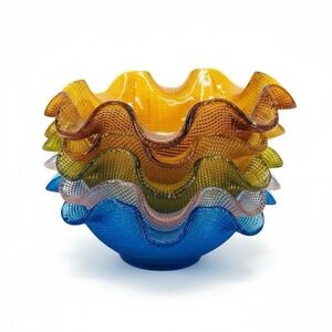 Vintage Colony Ruffled Waffle Glass Dessert Bowls Multi Colors Italy Set Of 5